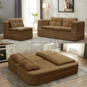 English Elm Multi Functional Sectional Sofa Bed Plush Corduroy Convertible 80" King Sleeper with Chaise, Deep Fluff Camel W3219P339468