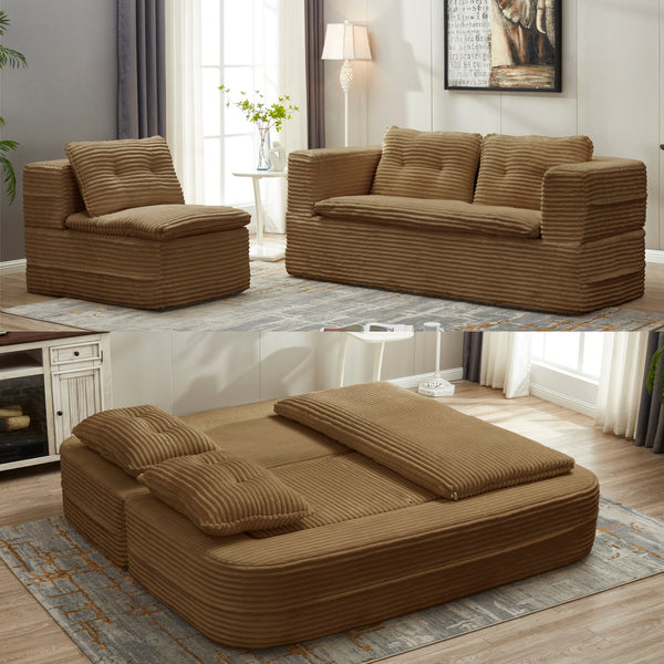 English Elm Multi Functional Sectional Sofa Bed Plush Corduroy Convertible 80" King Sleeper with Chaise, Deep Fluff Camel W3219P339468
