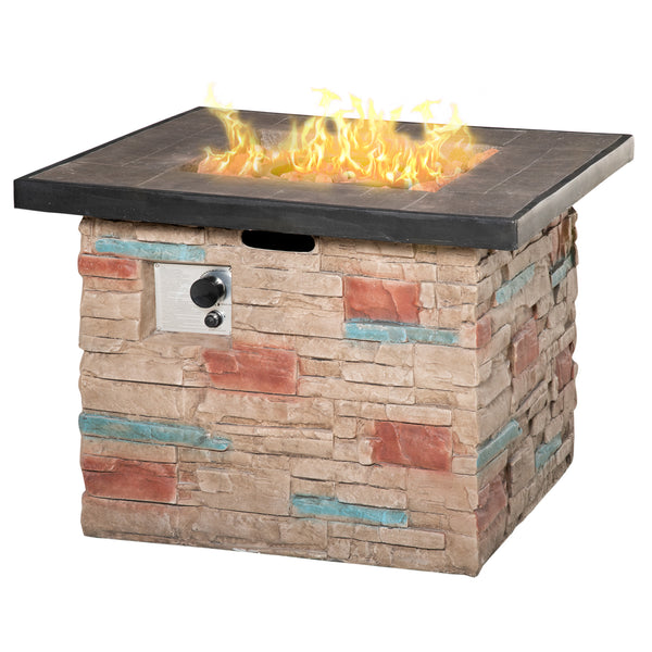 English Elm Outsunny 32 Inch Outdoor Propane Gas Fire Pit Table with 50,000 BTU, Faux Stone Square Design, Lava Rocks, Rain Cover Brown W2225P217255