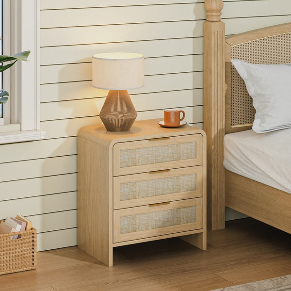 English Elm Rattan Drawer Nightstand Set with Built-in Charging Station and Open Shelf Bedroom Storage Oak W1820P416766