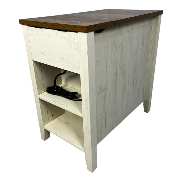 English Elm Farmhouse Nightstand with Charging Station and Barn Door Drawer — USB-C, AC Outlets, Compact Storage Brown+White W1412P230407
