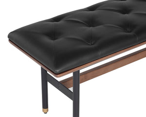 Sunpan Staten Bench - Mid-Century Modern Design with Button Tufting, Walnut Frame & Brass Accents, Black