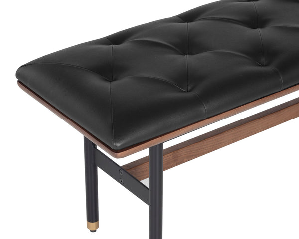 Sunpan Staten Bench - Mid-Century Modern Design with Button Tufting, Walnut Frame & Brass Accents, Black