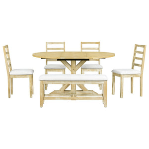 English Elm Topmax Farmhouse Extendable Pedestal Dining Set Seats Six with Ladder Back Chairs Natural+Beige N717S000060N