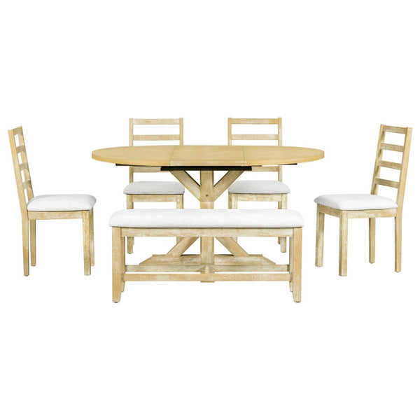 English Elm Topmax Farmhouse Extendable Pedestal Dining Set Seats Six with Ladder Back Chairs Natural+Beige N717S000060N