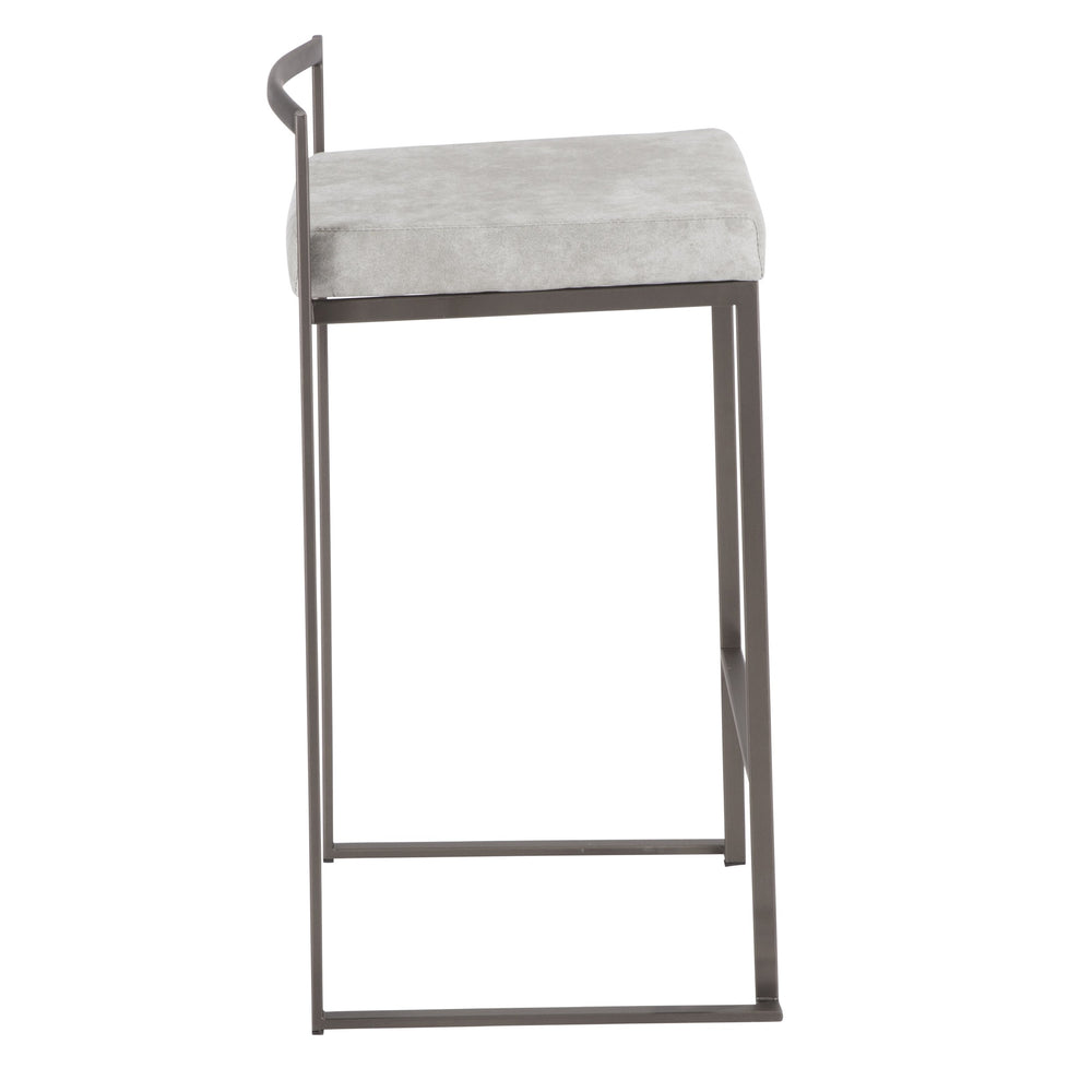 English Elm Fuji 26" Stackable Counter Stools Set Of 3 - Industrial Antique Metal With Soft Grey Fabric Cushions B202P221936
