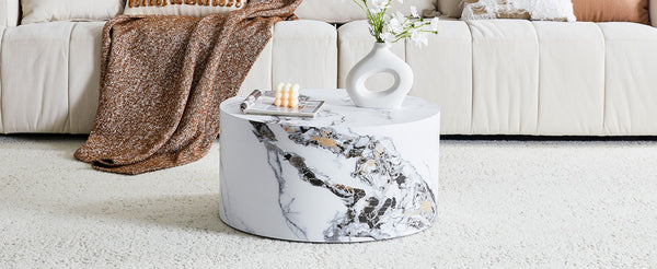 English Elm Simple Marble Top Round Coffee Table with Natural Veining for Modern Living Rooms White W1151P385650