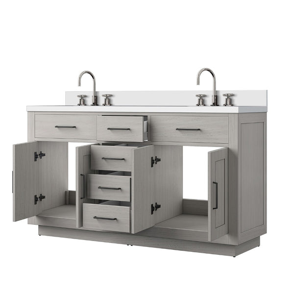 English Elm White Oak Double Bath Vanity - 60" W X 22" D, White Quartz Top & Chrome Faucet Set For Modern Homes B2731P257767-GIGA