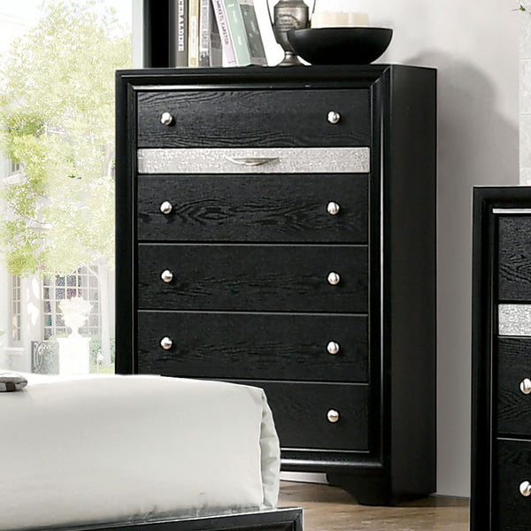 English Elm Contemporary Chic Chest with Gold Accents, Acrylic Trim, Metal Bracket Legs and Dust‑Proof Drawers Black 38 L x 20 W x 56 H B2741P375927