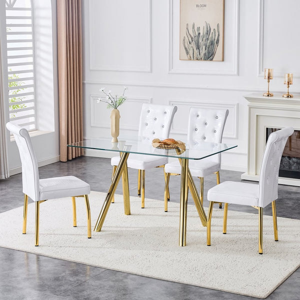 English Elm 51-inch Tempered Glass Rectangular Dining Table Electroplated Metal Base Open Plan Gold W3875S00003