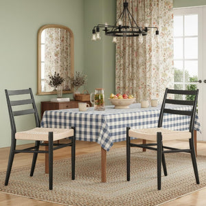 English Elm Dining Chairs with Handwoven Rope Seats and Iron Frame Mid Century Modern Set of 2 Black+Beige T3623P438618