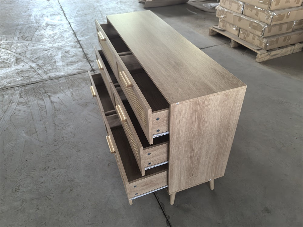 English Elm Rattan Fluted 6-Drawer Dresser with Wood Legs and Anti-Tip Safety, Chic Storage for Bedroom/Home W1706P189827