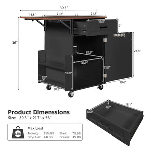 English Elm K&k Farmhouse Rolling Kitchen Cart with Drop Leaf Drawer Open Rack Lockable Wheels Black N707P404539B