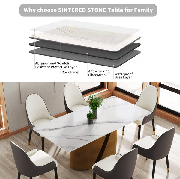 English Elm 70.86" Modern Rectangular Dining Table With Durable Sintered Stone Top & Stylish Bronze Iron Base W1535S00364