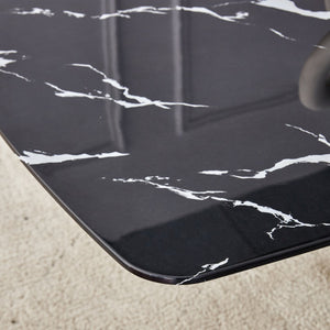 English Elm 63"x35.4" Luxurious Marble-Patterned Tempered Glass Dining Table with Gold Fork Legs, Scratch-Resistant Elegance Black+Gold W1151S03298