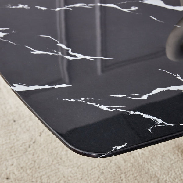 English Elm 63"x35.4" Luxurious Marble-Patterned Tempered Glass Dining Table with Gold Fork Legs, Scratch-Resistant Elegance Black+Gold W1151S03298