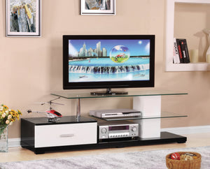 English Elm Ivana Modern White & Black TV Stand with Glass Shelves, 1 Drawer, Open Media Storage for 60" TVs B2726S00347