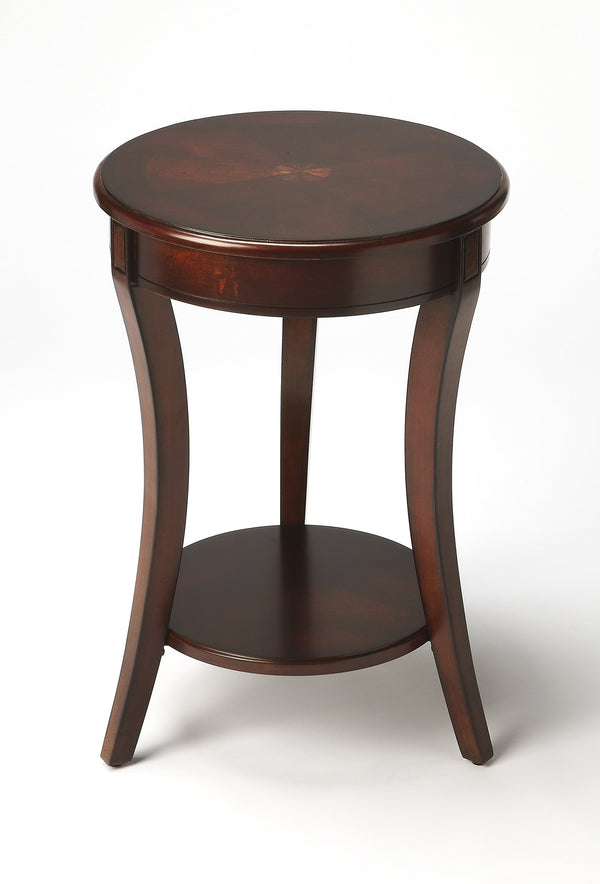 Butler Specialty Holdin Round Wood Side Table With Open Shelf - Elegant Cherry And Walnut Veneer Inlay Design Dark Brown Rubberwood Solids,Mdf,Cherry,Maple And Walnut Veneers 992024-butler