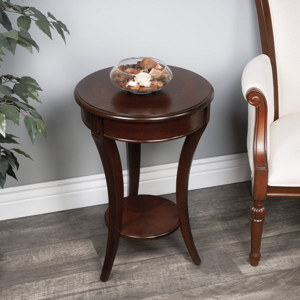 Butler Specialty Holdin Round Wood Side Table With Open Shelf - Elegant Cherry And Walnut Veneer Inlay Design Dark Brown Rubberwood Solids,Mdf,Cherry,Maple And Walnut Veneers 992024-butler