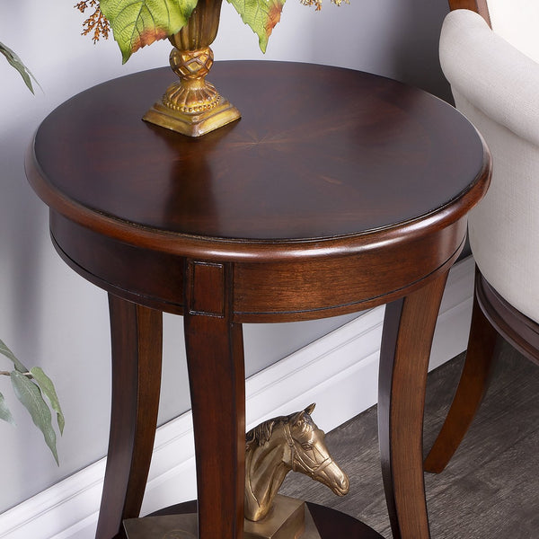 Butler Specialty Holdin Round Wood Side Table With Open Shelf - Elegant Cherry And Walnut Veneer Inlay Design Dark Brown Rubberwood Solids,Mdf,Cherry,Maple And Walnut Veneers 992024-butler
