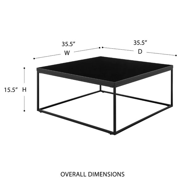 EuroStyle Teresa Square Coffee Table Lacquered Top with Stainless Steel Base for Modern Living High Gloss Black/Matte Black 09921BLK