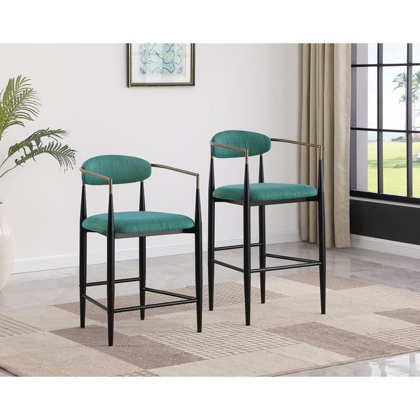English Elm Renfroe Mid-Century Fabric Upholstered Bar Stool Set of 2 with Padded Back, Footrest and Black Base Green B062P299975
