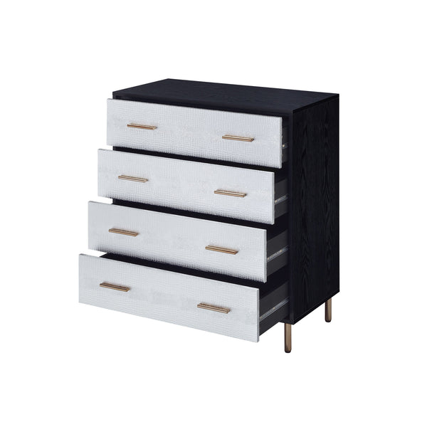 English Elm Black Black and Silver 4-Drawer Chest with Gold Legs Champagne Faux Crocodile Fronts Elegant Storage B062P209044