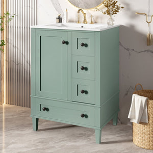 English Elm 24-inch Matte Bathroom Vanity Rubberwood Cabinet with Ceramic Sink and Soft-close Drawers Light Green N729P377516F