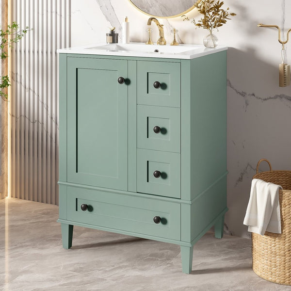 English Elm 24-inch Matte Bathroom Vanity Rubberwood Cabinet with Ceramic Sink and Soft-close Drawers Light Green N729P377516F