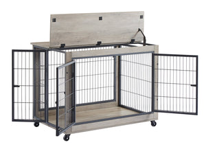 English Elm Furniture Style Dog Crate Side Table on Wheels with Double Doors, Lift-Top, Grey — Safe, Mobile, 38.58"w x 27.36"h W116291737