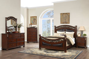 English Elm Traditional Eastern King Bed Faux Leather Padded Headboard Dark Cherry Wood Frame B011S02112