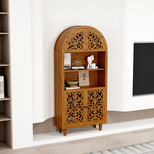 English Elm Vintage Hand-carved Solid Wood Bookcase Tall Arched Open Shelf Cabinet for Living Room W3123P485777