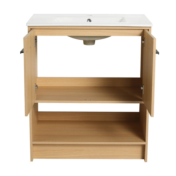 English Elm 30" Bathroom Vanity With Integrated Ceramic Sink, Soft-Close Doors & Open Shelf For Easy Storage W1972S00017
