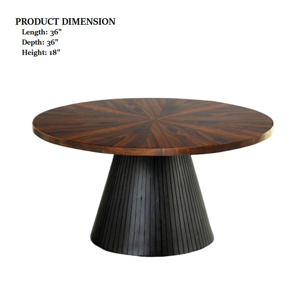 English Elm Contemporary Round Coffee Table With Parquet Top And Textured Black Drum Base For Modern Living Spaces B2741S00623