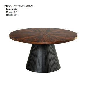 English Elm Contemporary Round Coffee Table With Parquet Top And Textured Black Drum Base For Modern Living Spaces B2741S00623