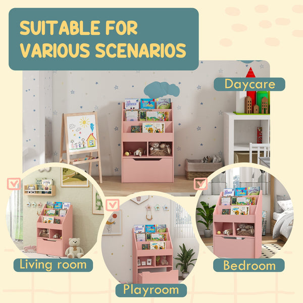 English Elm HOMCOM Kids Bookcase with Drawer & Anti-Tip Design, 3-Tier Shelf Organizer for Toys & Books Pink W2225P217324