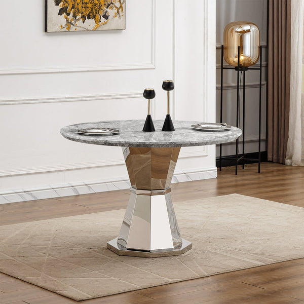 English Elm 47" Round Marble Dining Table - Stylish Faux Marble Top & Durable Stainless Steel Base For Any Space W3456S00004