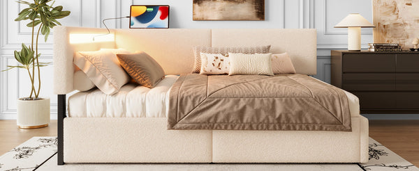 English Elm Twin Boucle Upholstered Bed with Cloud Headboard Storage Drawers and Led Lighting W1670P410460