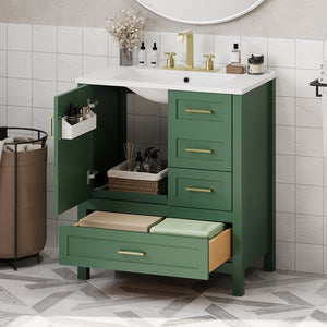 English Elm 30" Green Modern Bathroom Vanity with Ceramic Sink, Solid Wood Frame, Soft-Close Doors & Drawers N729P177787F