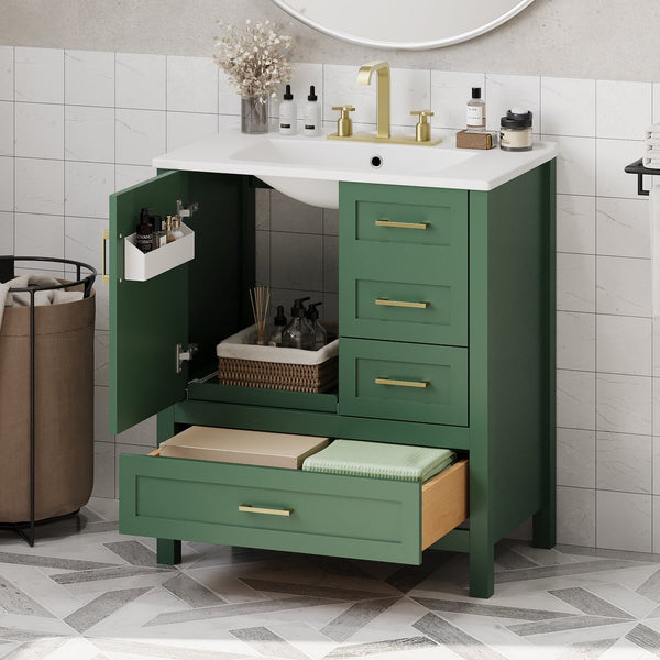 English Elm 30" Green Modern Bathroom Vanity with Ceramic Sink, Solid Wood Frame, Soft-Close Doors & Drawers N729P177787F