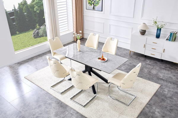 English Elm Modern Extendable Rectangular Dining Table with Scratch‑Resistant MDF Top and Matte Geometric Legs, Space‑Saving Centerpiece for Home or Office W3493S00008