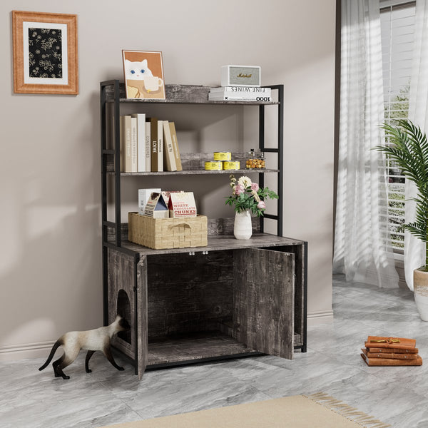 English Elm Large Cat Litter Box Enclosure with Shelf Storage, Dual Magnetic Doors, Sturdy MDF Wood Cabin with Scratch Pad and Hidden Washroom for Indoor Cats W578P303859
