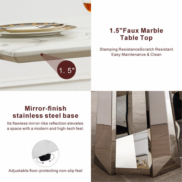 English Elm Marble Dining Table For 6-8, 70'' Modern Rectangle Faux Marble With Mirrored Stainless Steel Base W3456S00038