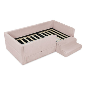 English Elm Twin Boucle Upholstered Kids Bed with Guardrails Built in Storage and Cushioned Step Stool Pink W1413P433365