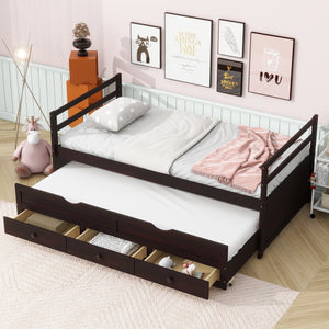 English Elm Twin Twin Size Bed with Trundle and Three Storage Drawers, Space-Saving Pine Frame with Classic Headboard Espresso W504P197165