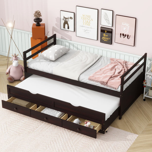 English Elm Twin Twin Size Bed with Trundle and Three Storage Drawers, Space-Saving Pine Frame with Classic Headboard Espresso W504P197165
