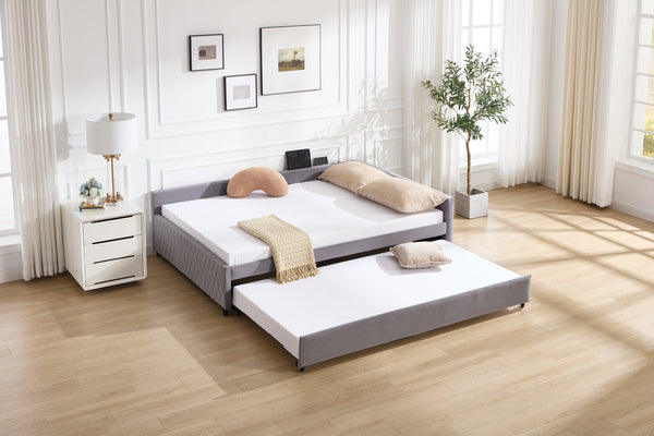 English Elm Upholstered Velvet Daybed with Pull Out Trundle Diamond Tufted Guest Bedroom Sofa Grey W1361S00067