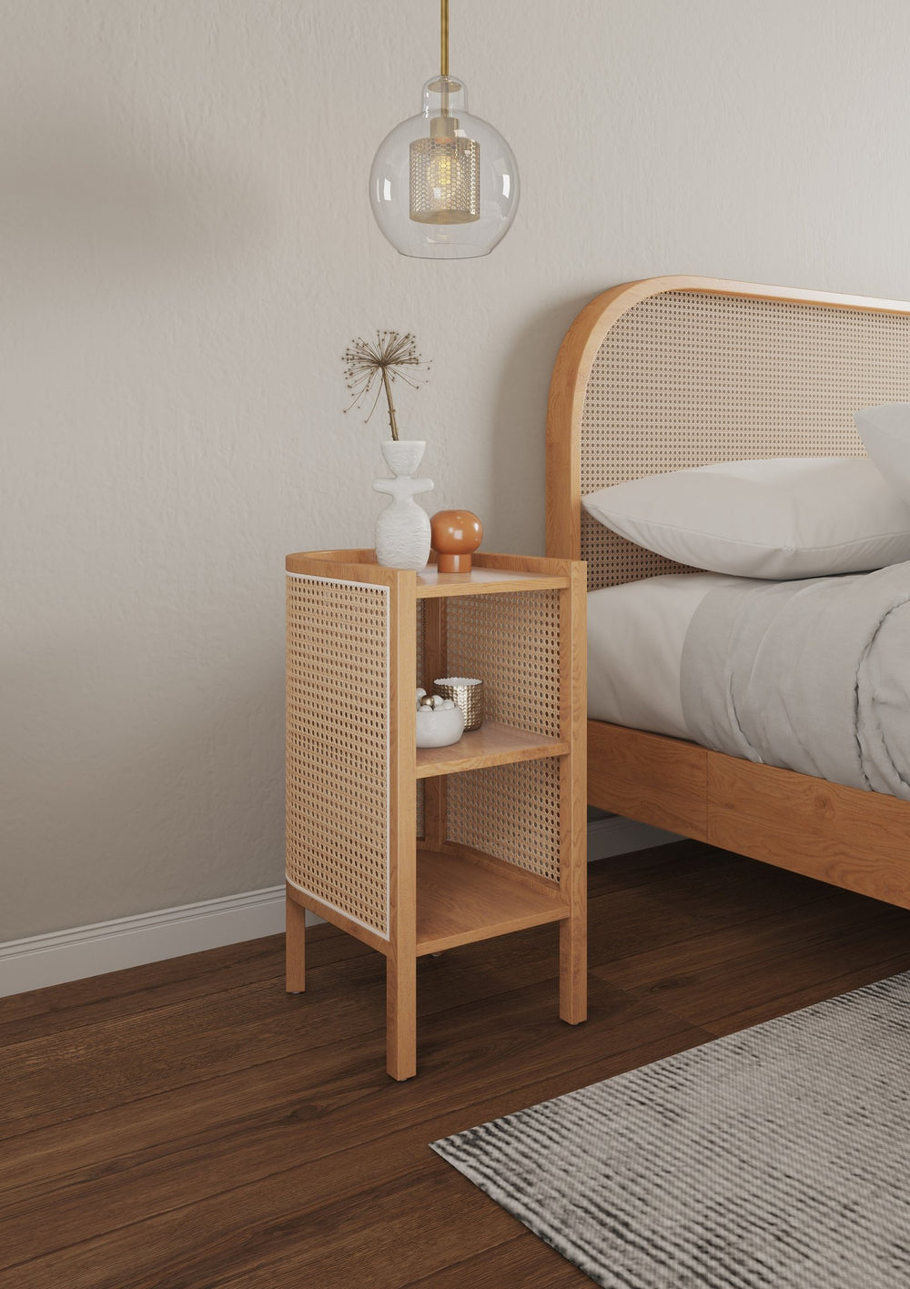 English Elm Versailles End Table with Cane Accents and Solid Ash Frame, Dual Shelves, Dip Tray Top, Fully Assembled Natural B365P398485