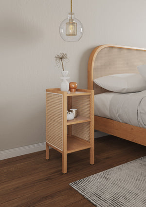 English Elm Versailles End Table with Cane Accents and Solid Ash Frame, Dual Shelves, Dip Tray Top, Fully Assembled Natural B365P398485