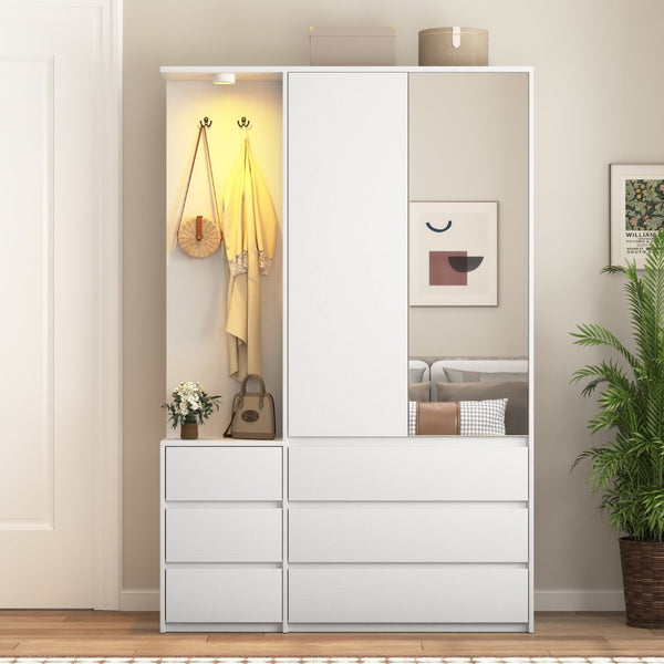 English Elm 8 Drawer Tall Chest Slim Particleboard Build Smooth Gliding Storage for Bedroom Closet White W409S00008